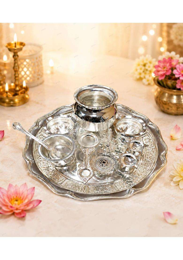 PMW German Silver Pooja Thali Set Complete Pooja Essentials with Thali Plate Chembu Panchapatra Deepam - Indya