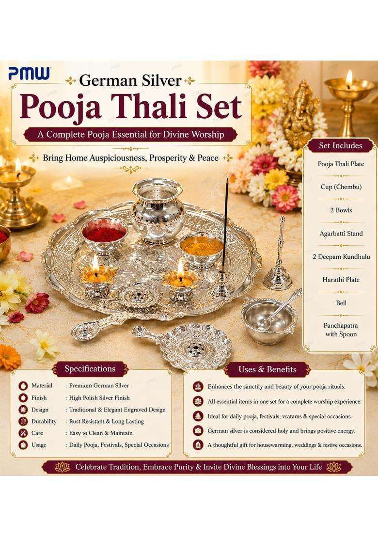 PMW German Silver Pooja Thali Set Complete Pooja Essentials with Thali Plate Chembu Panchapatra Deepam - Indya