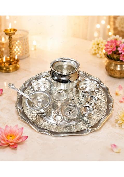 PMW German Silver Pooja Thali Set Complete Pooja Essentials with Thali Plate Chembu Panchapatra Deepam