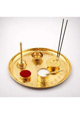 Mkd2 Rise Yellow Pure Brass Pooja Thali Set I Puja Thali Set for Festival Home Temple Mandir Set of 7