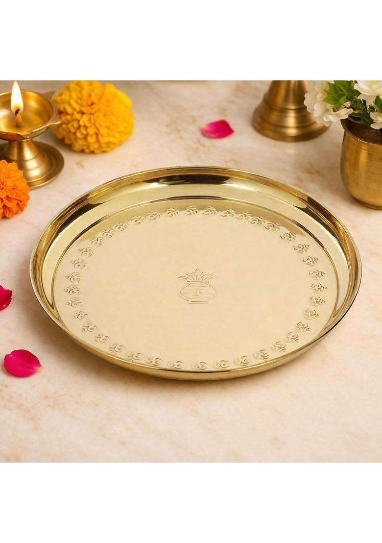 Mkd2 Rise Yellow Pure Brass Pooja Thali Set I Puja Thali Set for Festival Home Temple Mandir Set of 7 - Indya