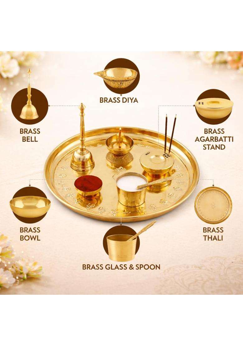 Mkd2 Rise Yellow Pure Brass Pooja Thali Set I Puja Thali Set for Festival Home Temple Mandir Set of 7 - Indya