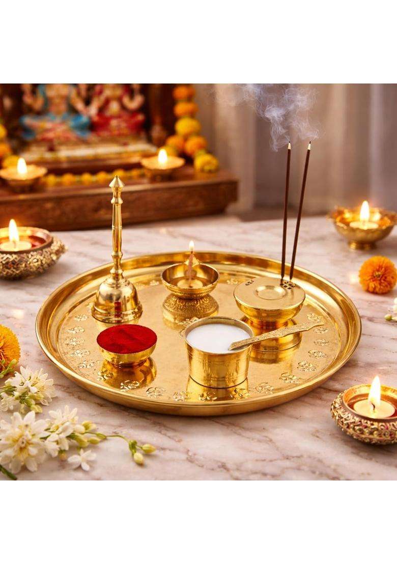 Mkd2 Rise Yellow Pure Brass Pooja Thali Set I Puja Thali Set for Festival Home Temple Mandir Set of 7 - Indya