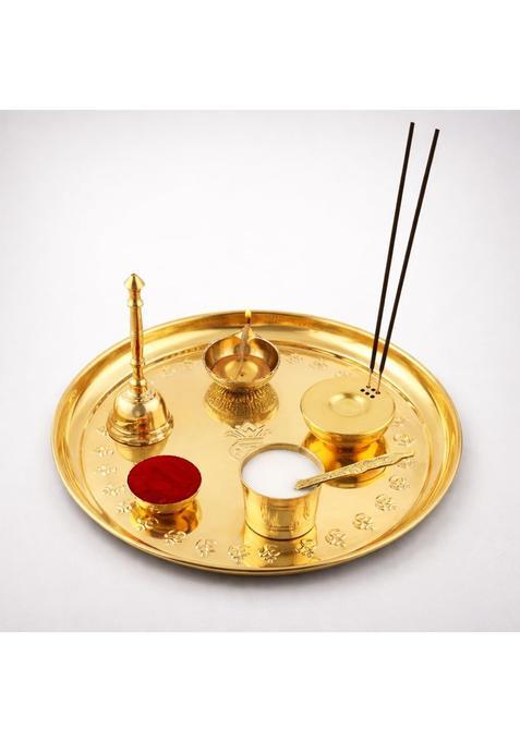 Mkd2 Rise Yellow Pure Brass Pooja Thali Set I Puja Thali Set for Festival Home Temple Mandir Set of 7