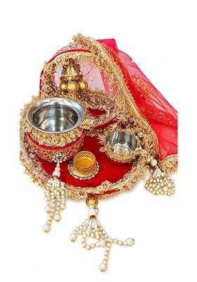 Red and Gold Karwa Chauth Pooja Thali Set with Channi Lotta Diya Bowel and Thali Cover