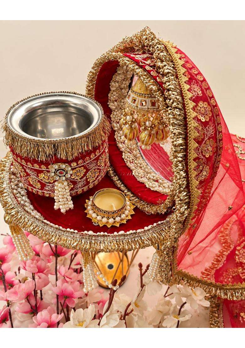 Red and Gold Karwa Chauth Pooja Thali Set with Channi Lotta Diya Bowel and Thali Cover - Indya