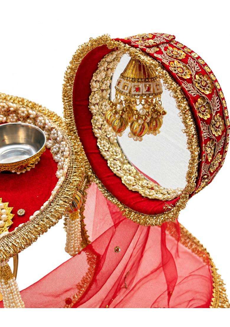 Red and Gold Karwa Chauth Pooja Thali Set with Channi Lotta Diya Bowel and Thali Cover - Indya