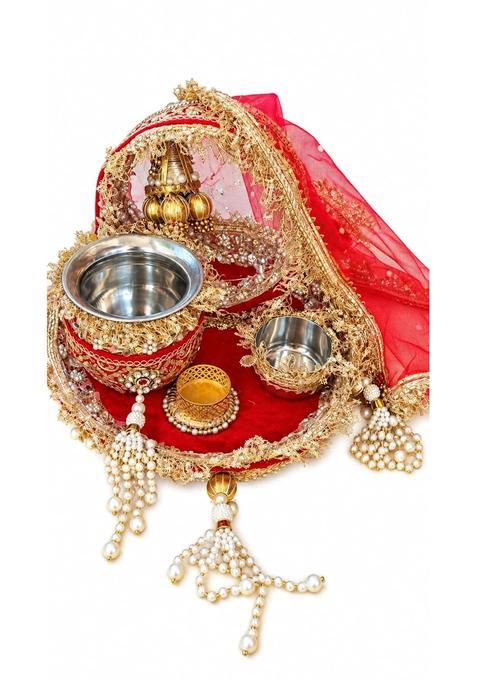 Red and Gold Karwa Chauth Pooja Thali Set with Channi Lotta Diya Bowel and Thali Cover