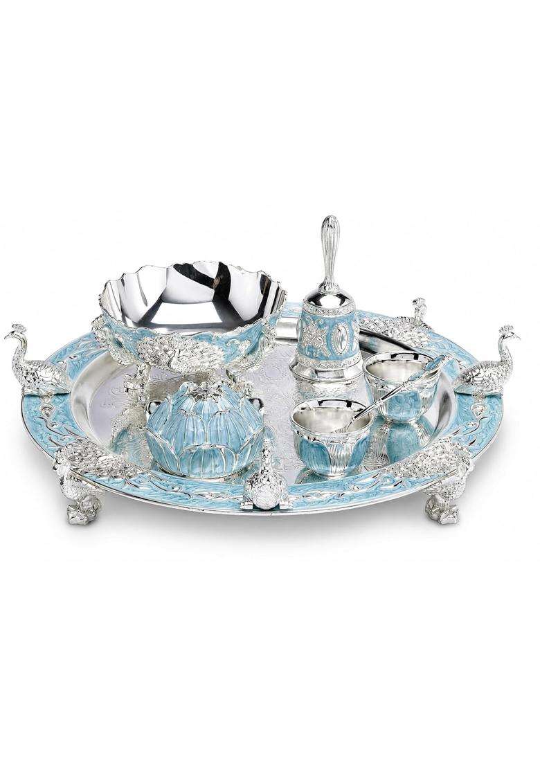 Dora Gifting German Silver 12 Pooja Thali Set Combo of 6 Pieces Pooja Items Wedding Return Gifts - Indya