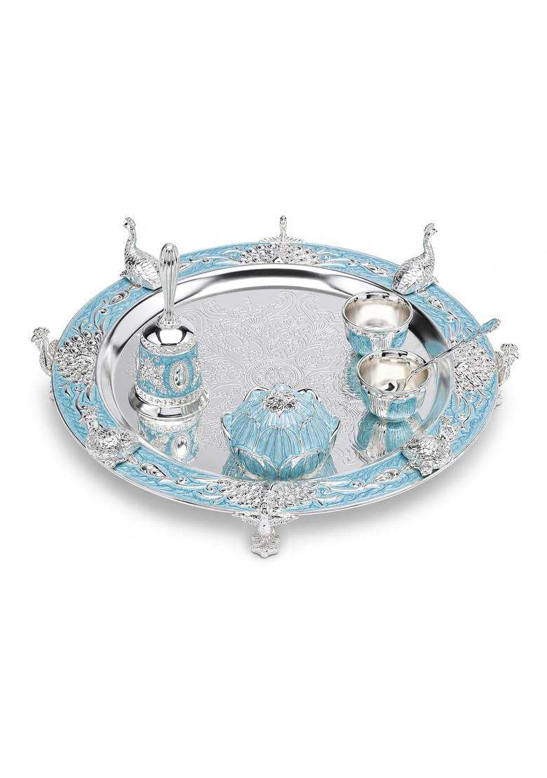 Dora Gifting German Silver 12 Pooja Thali Set Combo of 6 Pieces Pooja Items Wedding Return Gifts - Indya