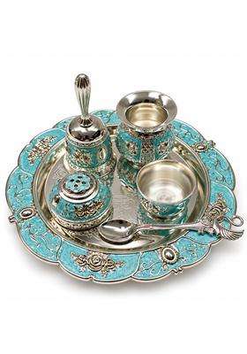 Aura and Hues German Silver Puja Thali Set with Pooja Accessories