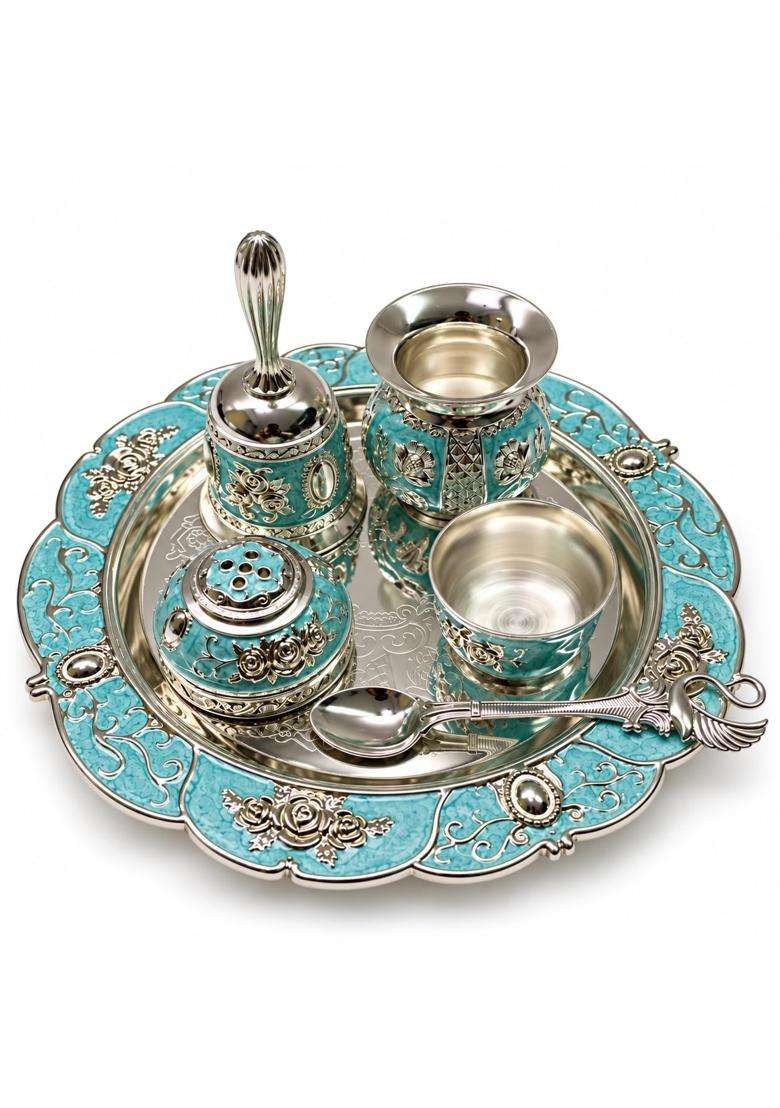 Aura and Hues German Silver Puja Thali Set with Pooja Accessories - Indya