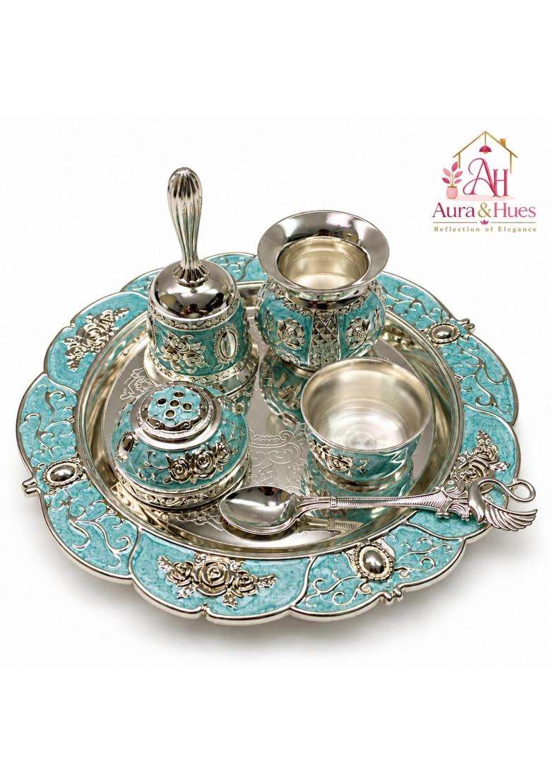 Aura and Hues German Silver Puja Thali Set with Pooja Accessories - Indya