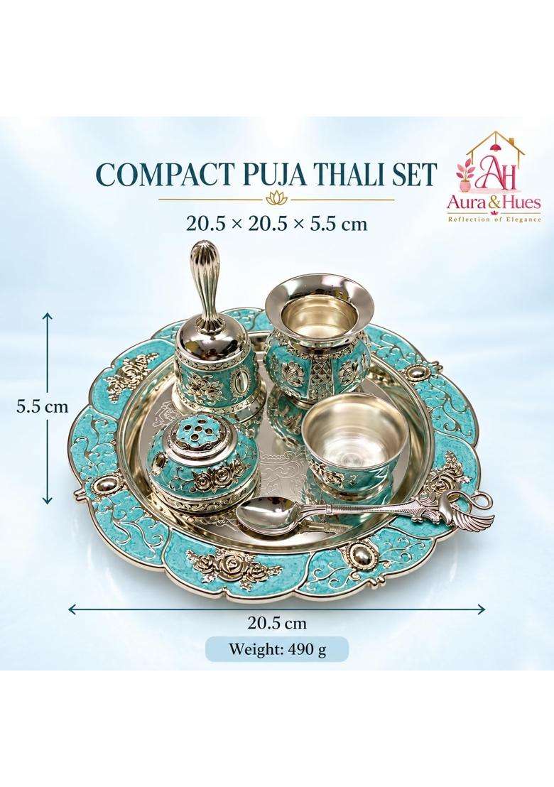 Aura and Hues German Silver Puja Thali Set with Pooja Accessories - Indya