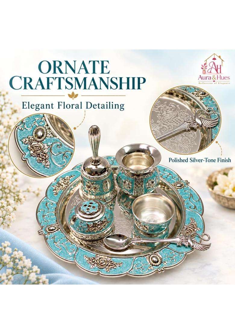 Aura and Hues German Silver Puja Thali Set with Pooja Accessories - Indya