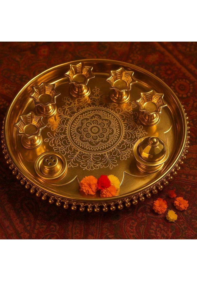 Happy BORN Traditional Designed Handcrafted Golden Pooja Thalli Set Pooja Thali with Diya for Diwali Pack of 1 - Indya