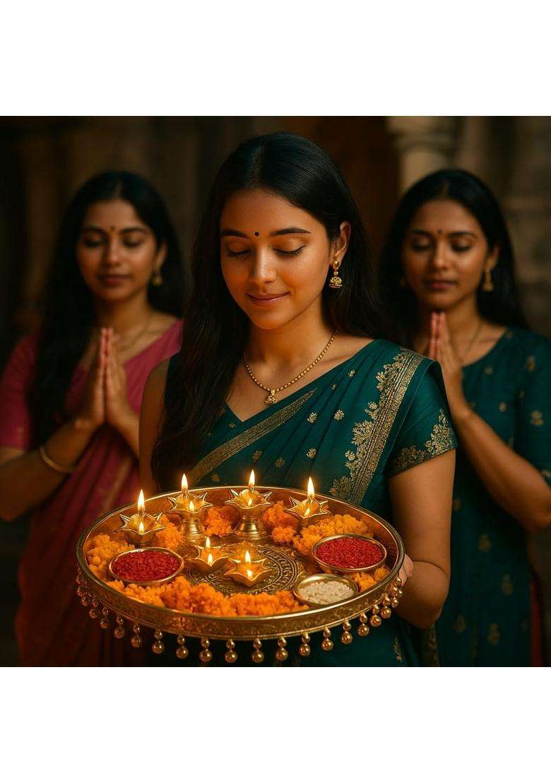 Happy BORN Traditional Designed Handcrafted Golden Pooja Thalli Set Pooja Thali with Diya for Diwali Pack of 1 - Indya