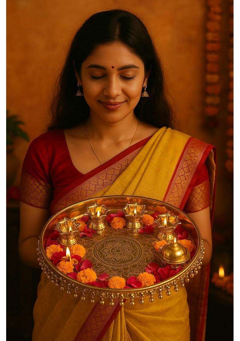 Happy BORN Traditional Designed Handcrafted Golden Pooja Thalli Set Pooja Thali with Diya for Diwali Pack of 1 - Indya