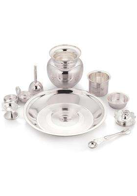 Dynore Stainless Steel Premium Silver Plated 9 Pcs Pooja Thali Taman Thali Set Puja Accessories Set