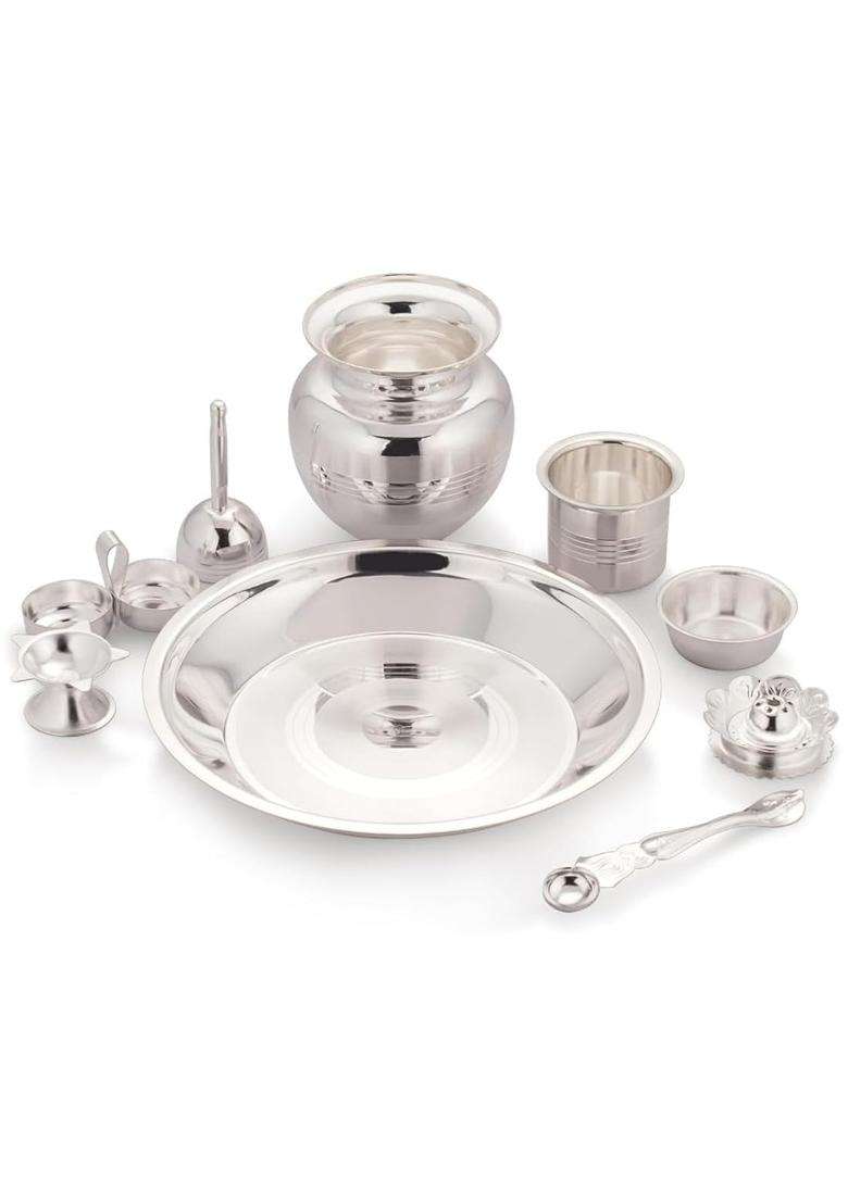 Dynore Stainless Steel Premium Silver Plated 9 Pcs Pooja Thali Taman Thali Set Puja Accessories Set - Indya