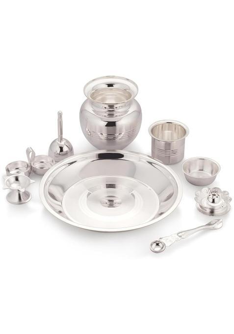Dynore Stainless Steel Premium Silver Plated 9 Pcs Pooja Thali Taman Thali Set Puja Accessories Set