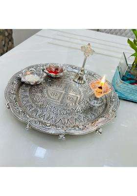 Mishita Collections German Silver Hand Engraved Heavy Peacock Pooja Thali Diameter 11 Set of 5