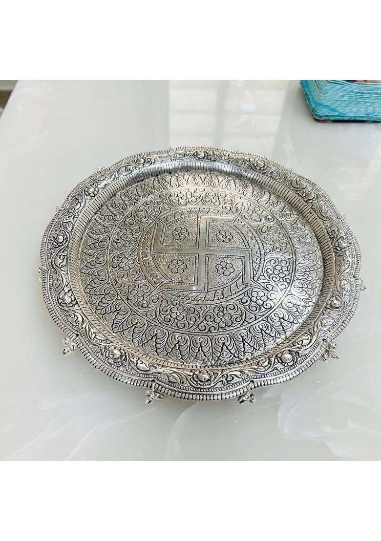 Mishita Collections German Silver Hand Engraved Heavy Peacock Pooja Thali Diameter 11 Set of 5 - Indya