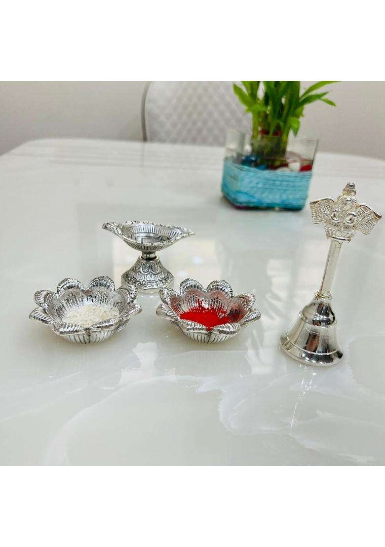 Mishita Collections German Silver Hand Engraved Heavy Peacock Pooja Thali Diameter 11 Set of 5 - Indya