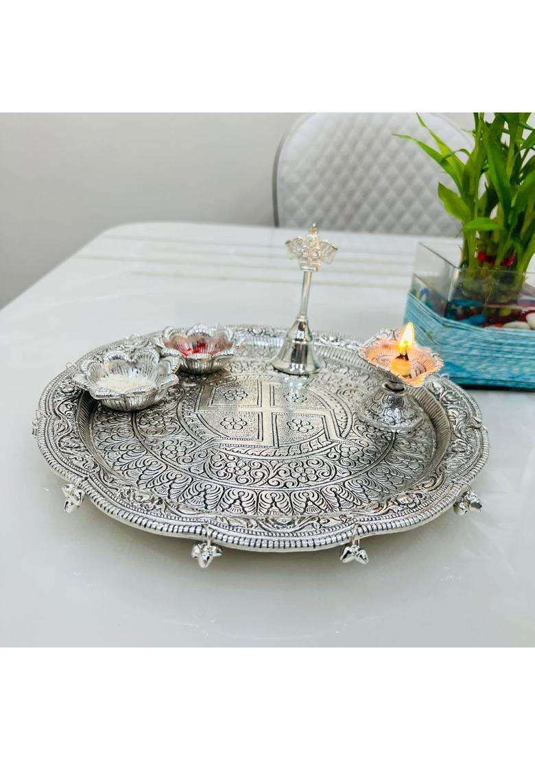 Mishita Collections German Silver Hand Engraved Heavy Peacock Pooja Thali Diameter 11 Set of 5 - Indya