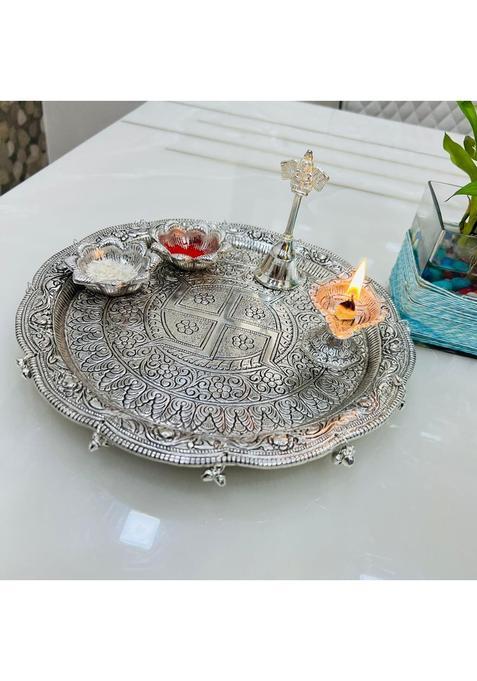 Mishita Collections German Silver Hand Engraved Heavy Peacock Pooja Thali Diameter 11 Set of 5