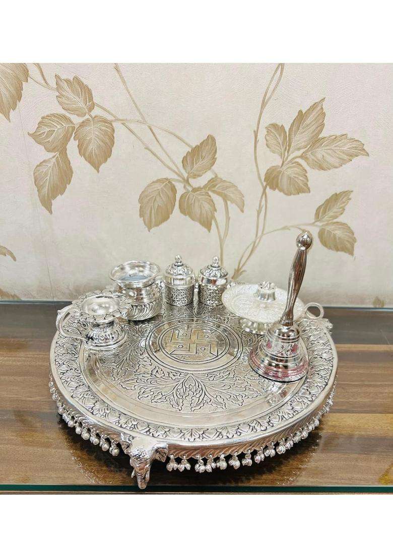 Mishita Collections German Silver Heavy Big Size Pooja Thali Diameter 13 and Half Set of 7 - Indya