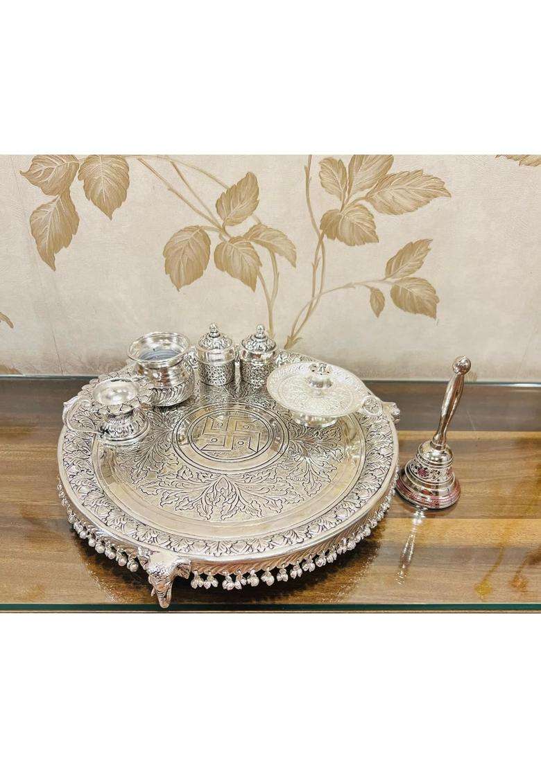 Mishita Collections German Silver Heavy Big Size Pooja Thali Diameter 13 and Half Set of 7 - Indya