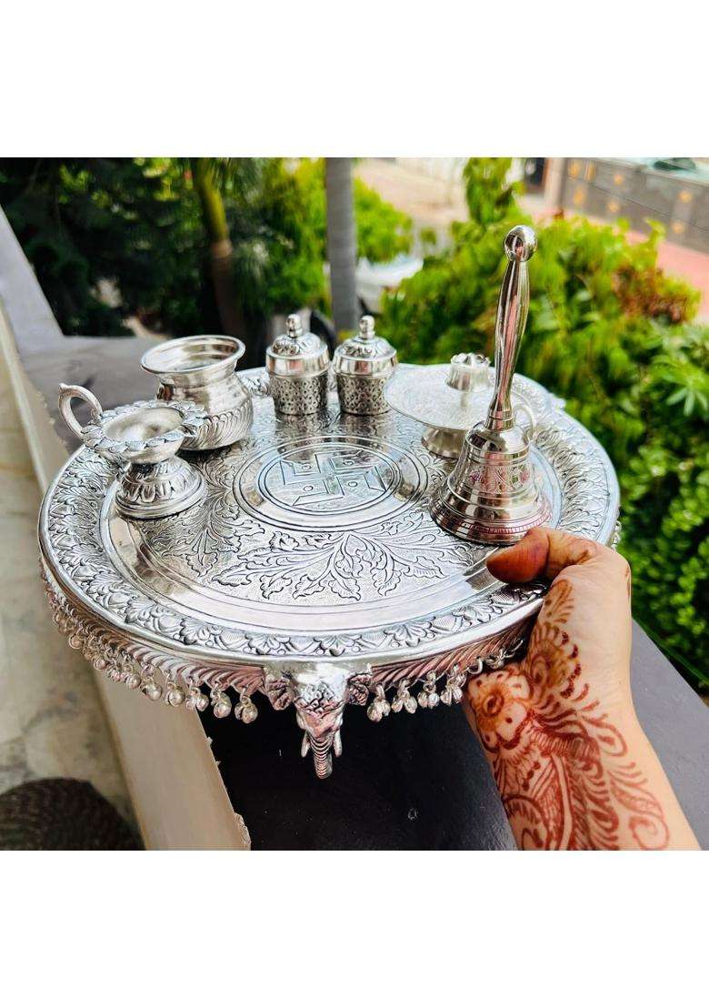 Mishita Collections German Silver Heavy Big Size Pooja Thali Diameter 13 and Half Set of 7 - Indya