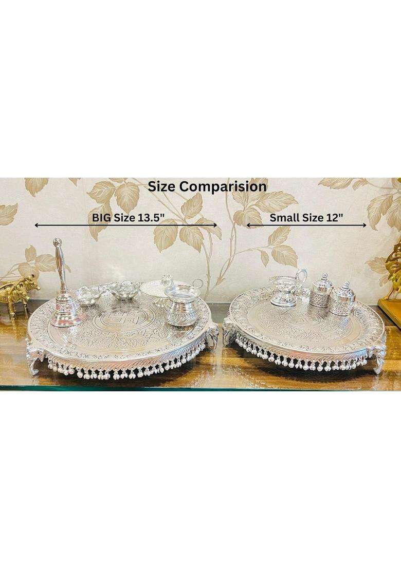Mishita Collections German Silver Heavy Big Size Pooja Thali Diameter 13 and Half Set of 7 - Indya