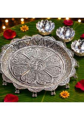 German Silver Pooja Thali with 3 Tarn Vatki Set Swastik Engraved Designer Puja Plate with Ghungroo Border