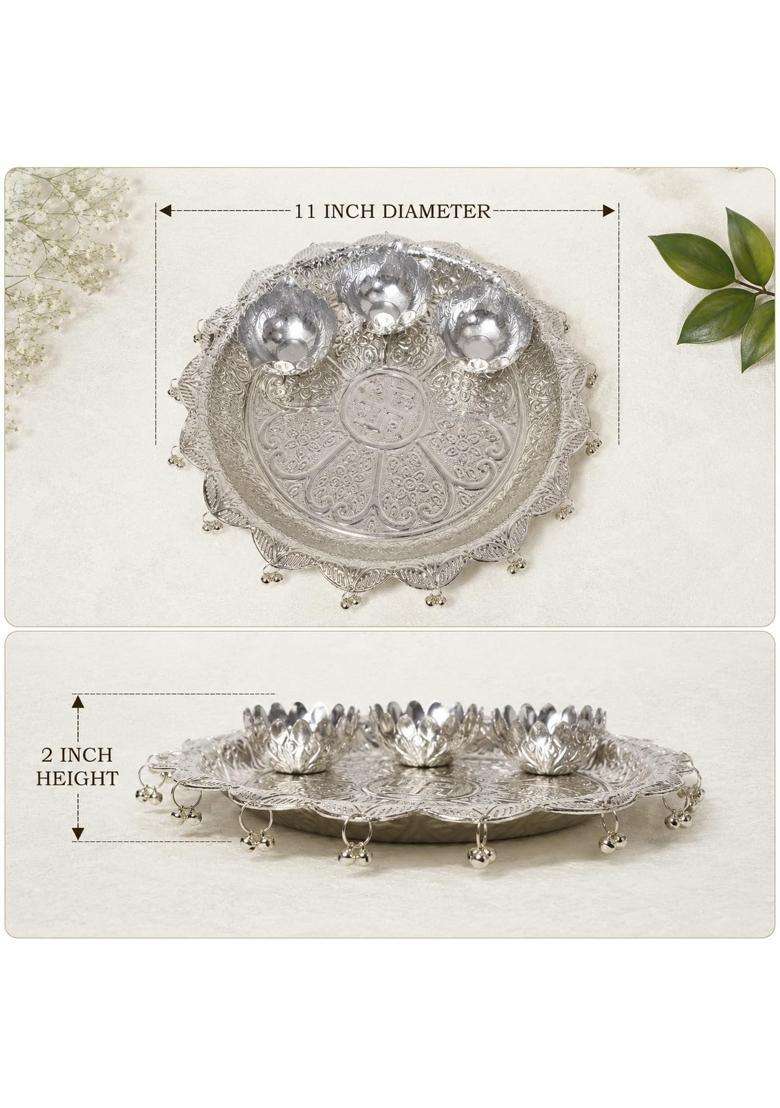 German Silver Pooja Thali with 3 Tarn Vatki Set Swastik Engraved Designer Puja Plate with Ghungroo Border - Indya
