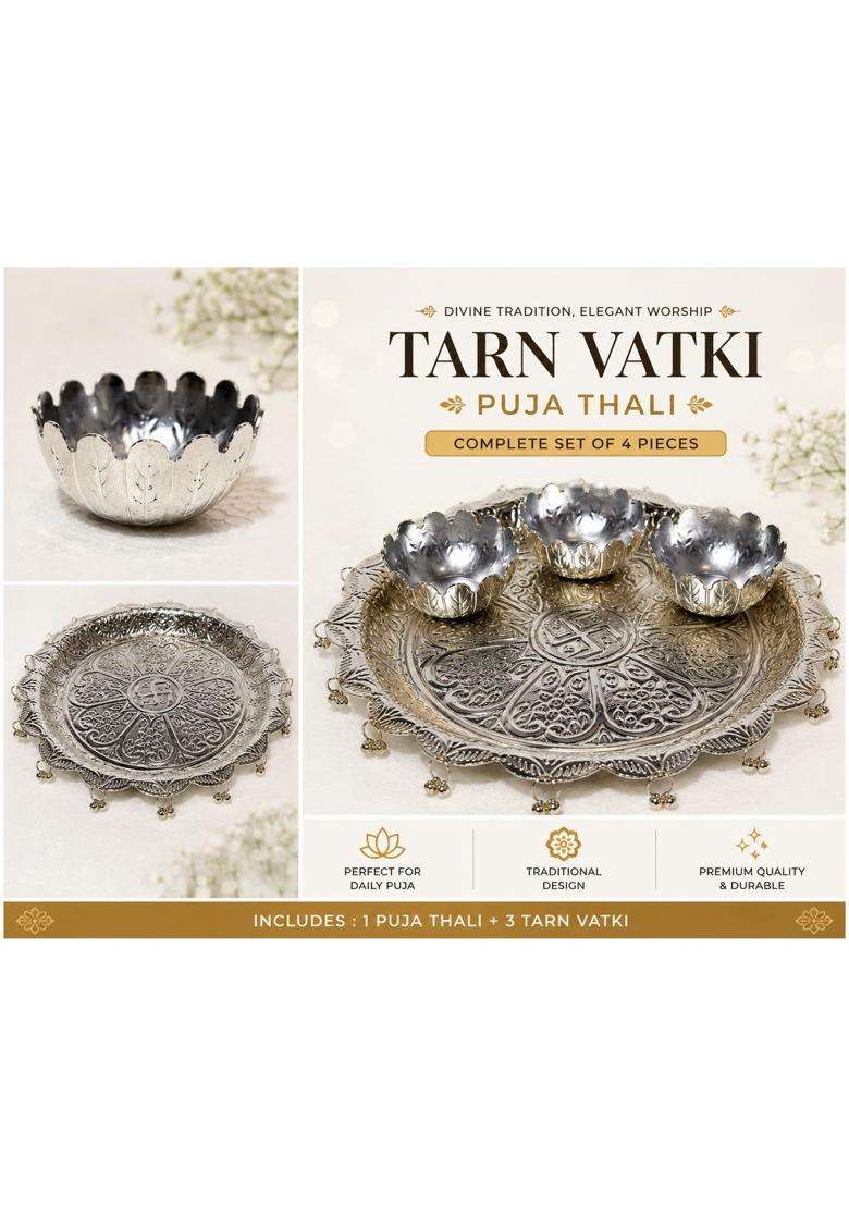 German Silver Pooja Thali with 3 Tarn Vatki Set Swastik Engraved Designer Puja Plate with Ghungroo Border - Indya