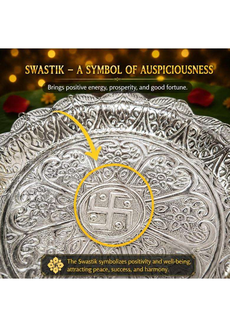 German Silver Pooja Thali with 3 Tarn Vatki Set Swastik Engraved Designer Puja Plate with Ghungroo Border - Indya
