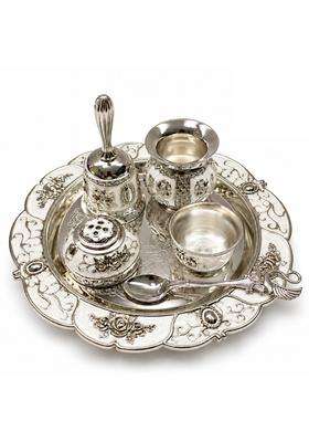 Aura and Hues German Silver Puja Thali Set with Pooja Accessories Decorative Aarti Thali