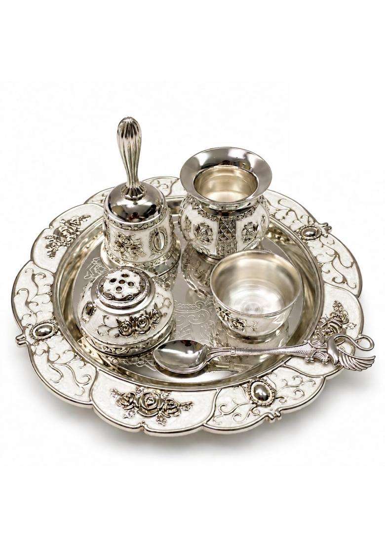 Aura and Hues German Silver Puja Thali Set with Pooja Accessories Decorative Aarti Thali - Indya