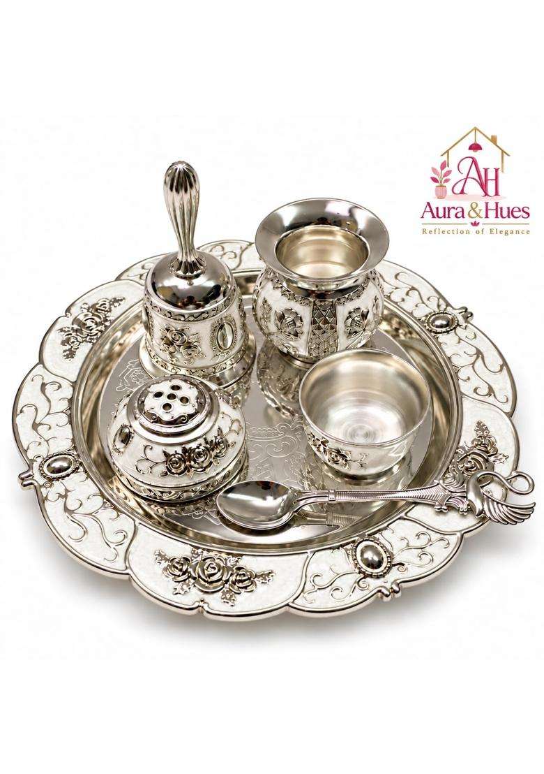 Aura and Hues German Silver Puja Thali Set with Pooja Accessories Decorative Aarti Thali - Indya