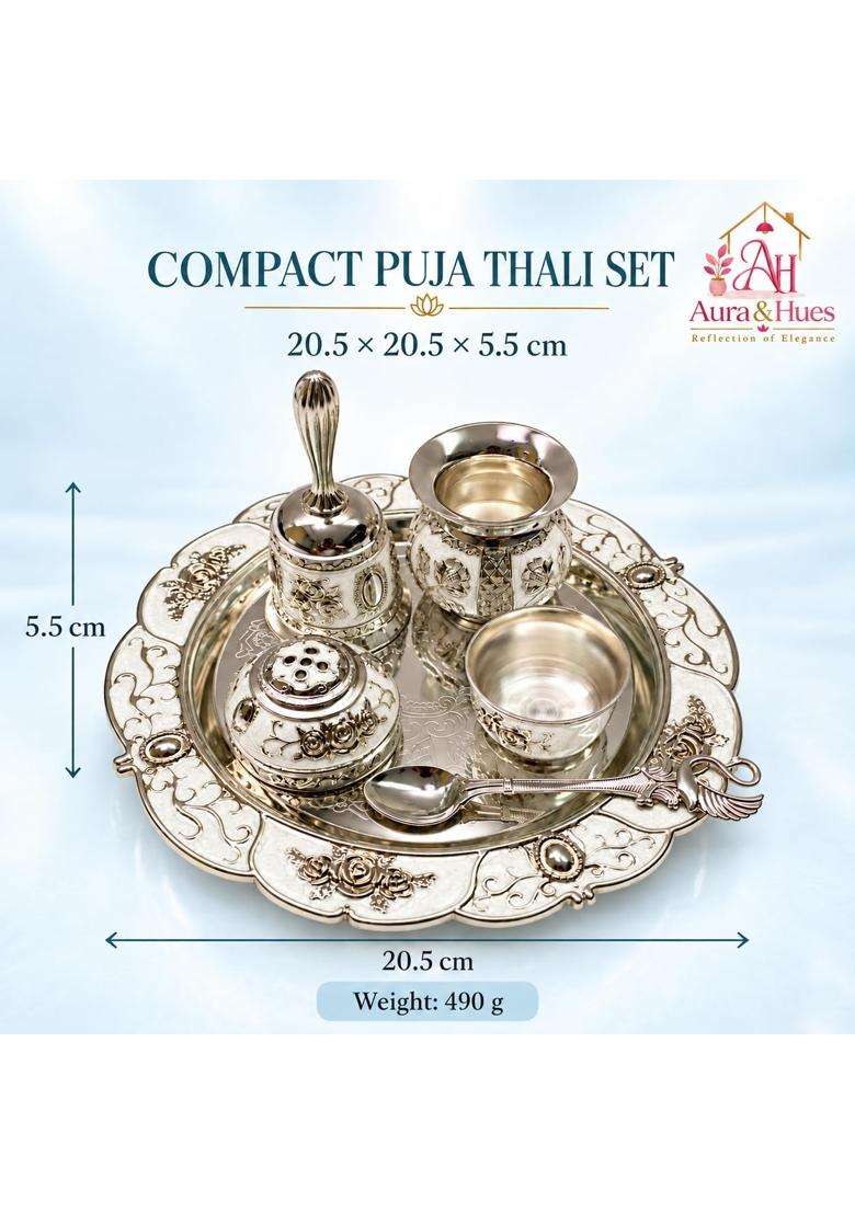 Aura and Hues German Silver Puja Thali Set with Pooja Accessories Decorative Aarti Thali - Indya