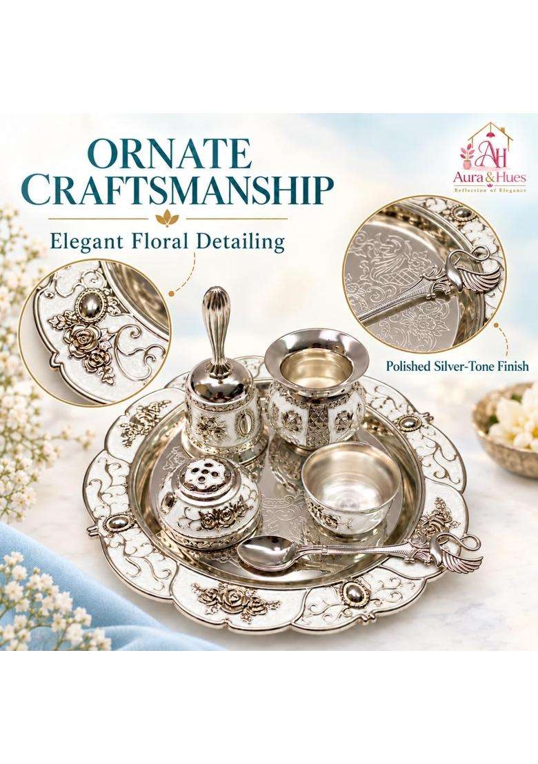 Aura and Hues German Silver Puja Thali Set with Pooja Accessories Decorative Aarti Thali - Indya