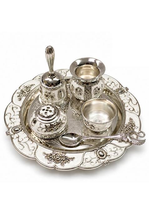 Aura and Hues German Silver Puja Thali Set with Pooja Accessories Decorative Aarti Thali