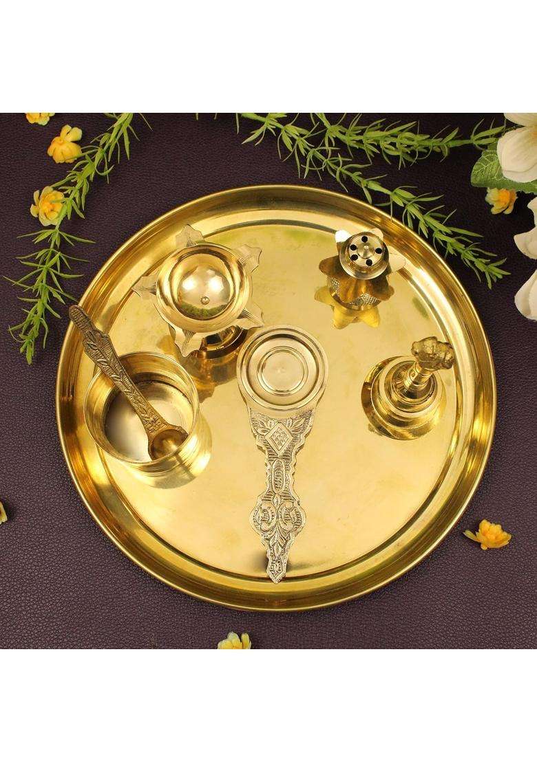 Spillbox Yellow Traditional Handcrafted Brass Puja Pooja Thali - Indya