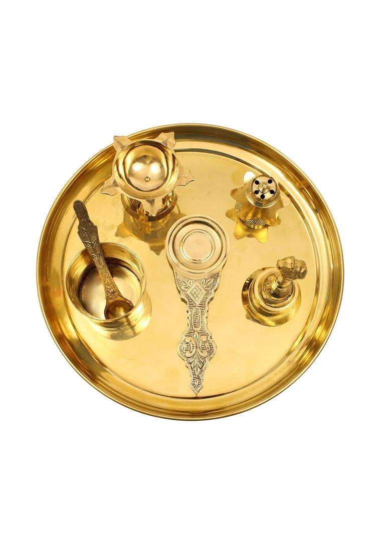 Spillbox Yellow Traditional Handcrafted Brass Puja Pooja Thali - Indya
