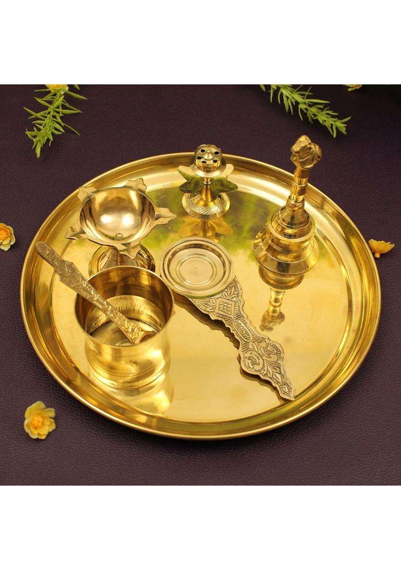 Spillbox Yellow Traditional Handcrafted Brass Puja Pooja Thali - Indya