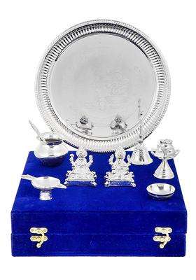 Gift City Laxmi and Ganesh Idol in Silver Plated Pooja Thali Set Occasional Gift Pooja Thali Decorative