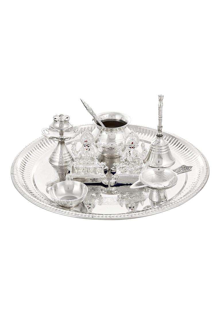 Gift City Laxmi and Ganesh Idol in Silver Plated Pooja Thali Set Occasional Gift Pooja Thali Decorative - Indya