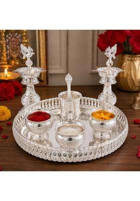 Sgr Handicrafts German Silver Pooja Thali Set with 10 Inch Plate 3 Bowls Udarini Glass and Spoon
